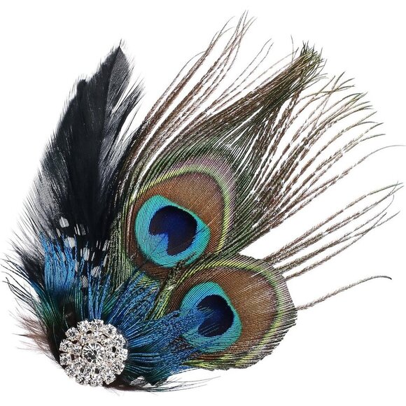 Peacock Feather Hair Clip Rhinestones 1920s Flapper Fascinator Accessory main image 5